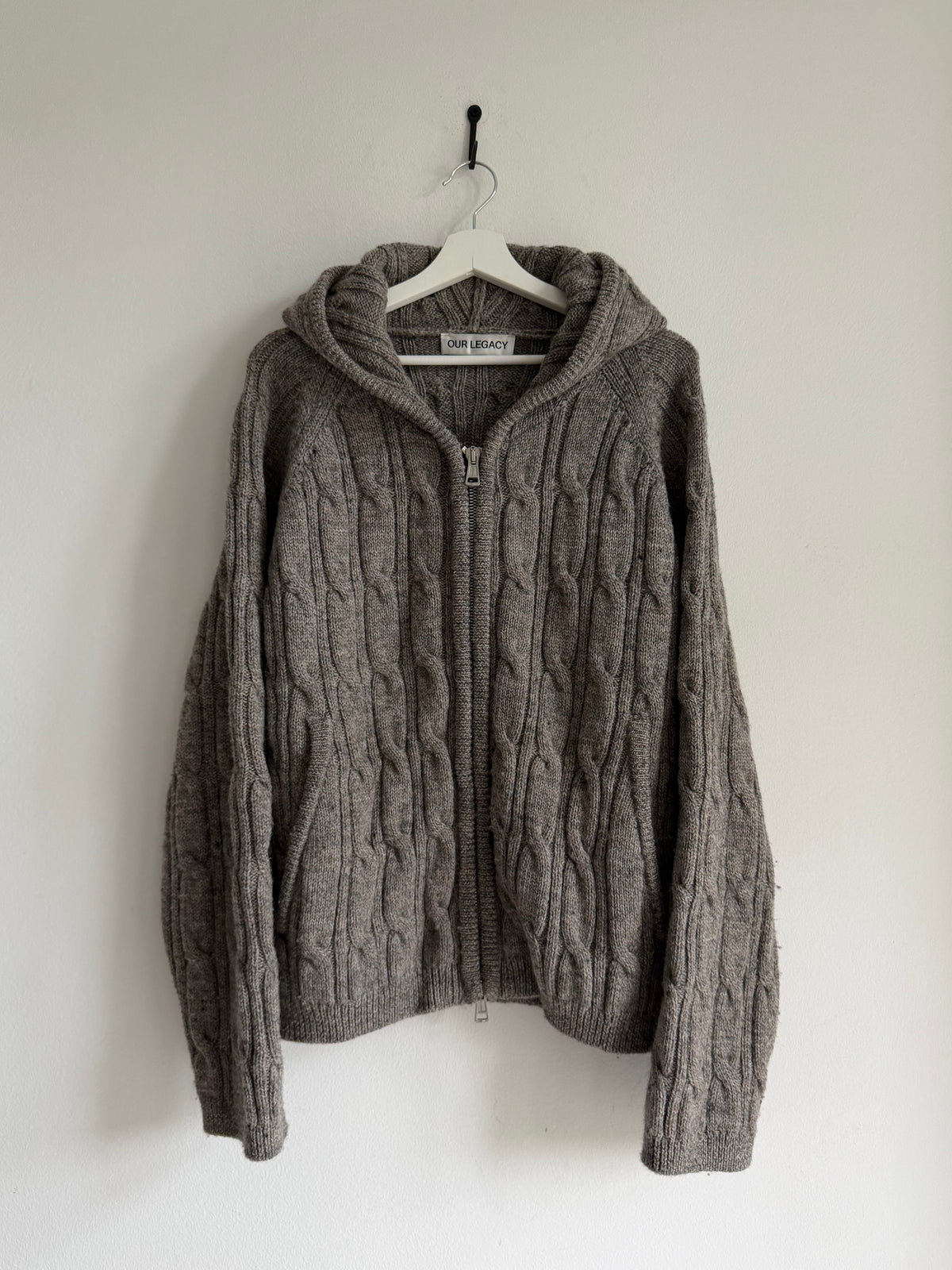 OUR LEGACY LEVEL HOOD CABLE-KNIT WOOL ZIP UP HOODIE