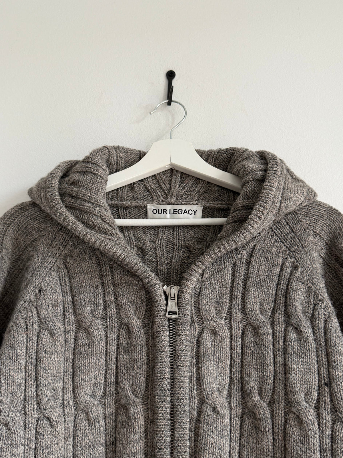 OUR LEGACY LEVEL HOOD CABLE-KNIT WOOL ZIP UP HOODIE