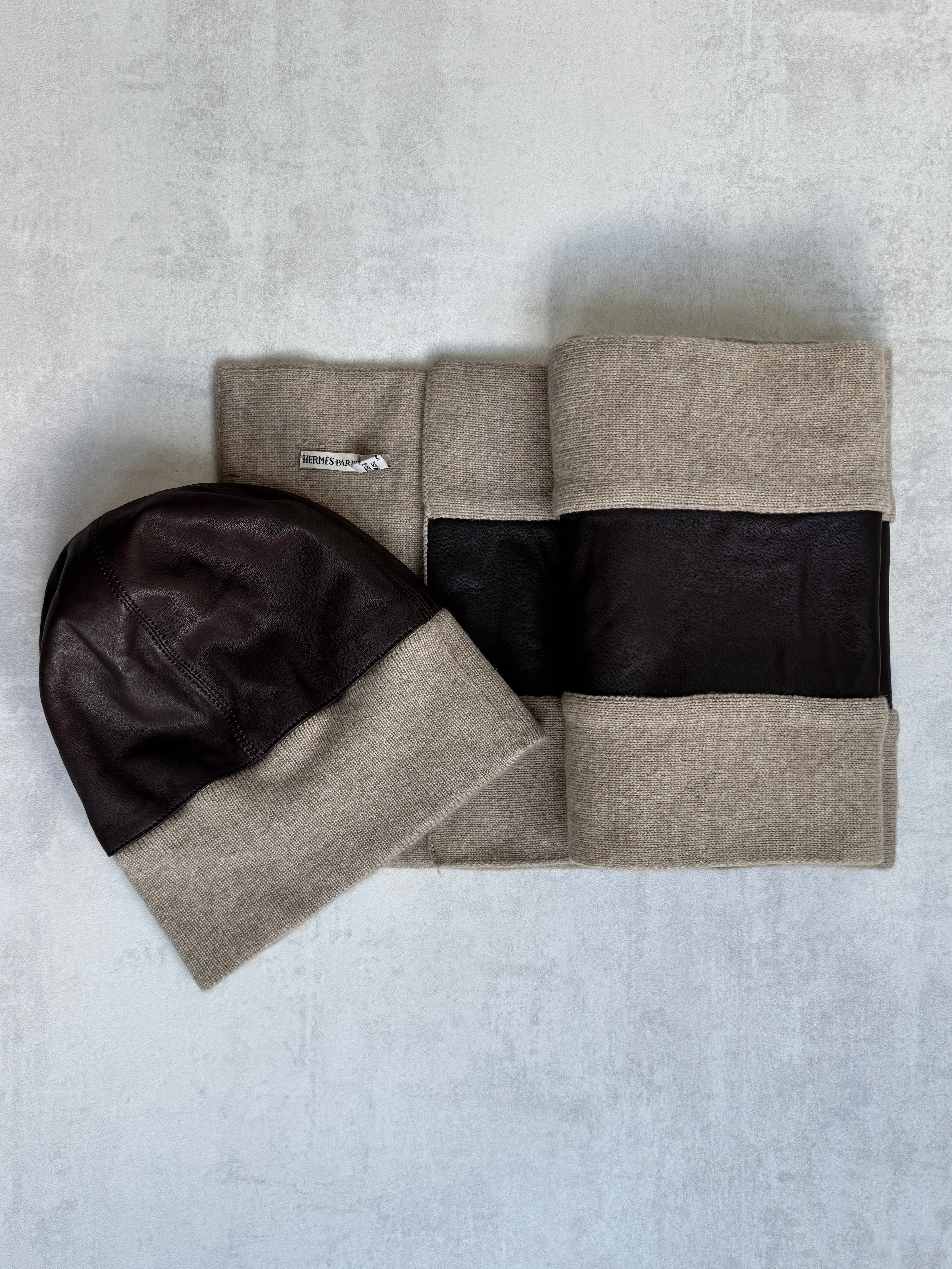 HERMÈS LEATHER PANEL CASHMERE BEANIE & SCARF SET